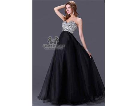 Taşlı uzun siyah abiye elbise