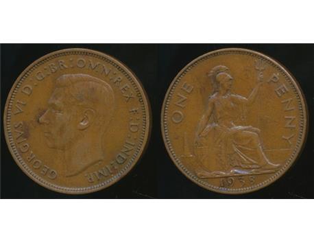 Antika Para - Great Britain, One Penny 1938, PENNY 1938 MODEL bir PENNY  İngiltere, Krallık, 1938 Tek Kuruş George VI - Çok İyi