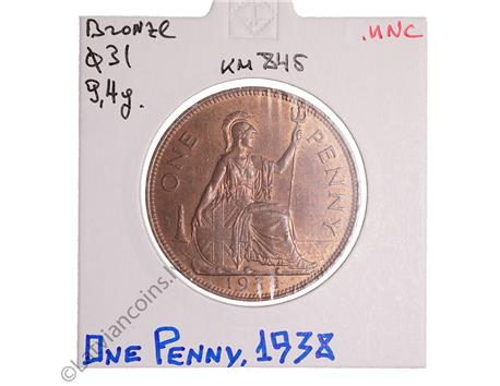 Antika Para - Great Britain, One Penny 1938, PENNY 1938 MODEL bir PENNY  İngiltere, Krallık, 1938 Tek Kuruş George VI - Çok İyi